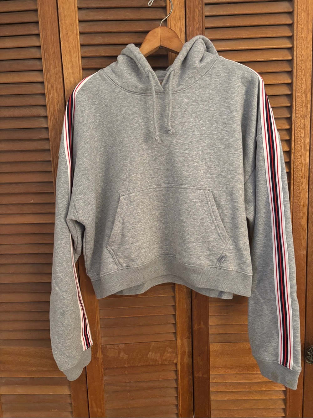 Aritzia Gray Hooded Cropped Sweater with Red, White, and Navy Stripe Trim size m